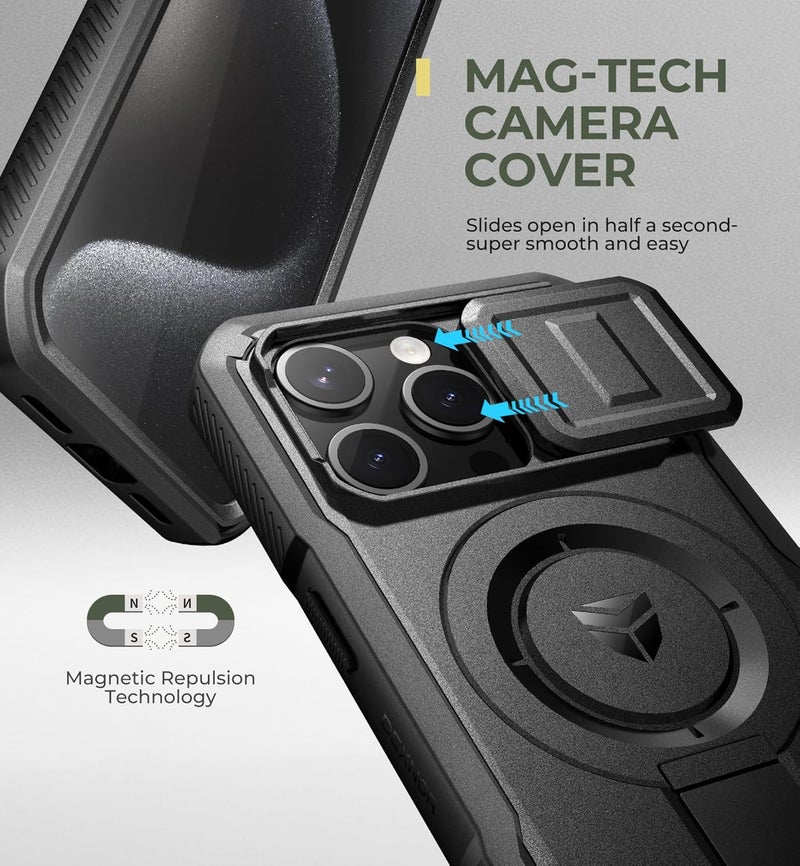 Dexnor for iPhone 15 Pro Case with Slide Camera Cover & Adjustable Kickstand & Built-in Screen Protector, Magnetic Rugged Shockproof Bumper Cases Heavy-Duty Magnetic Protective Cover,Black - Image 4